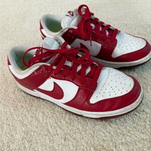Nike Red and White Dunk Low Sneakers